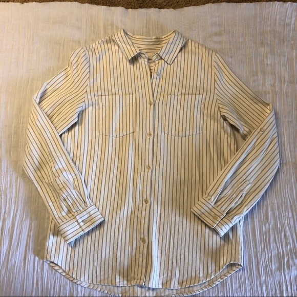 THREAD & SUPPLY WOMENS CREAM & TAN STRIPED FLANNEL BUTTON DOWN SHIRT SIZE LARGE - Picture 13 of 13